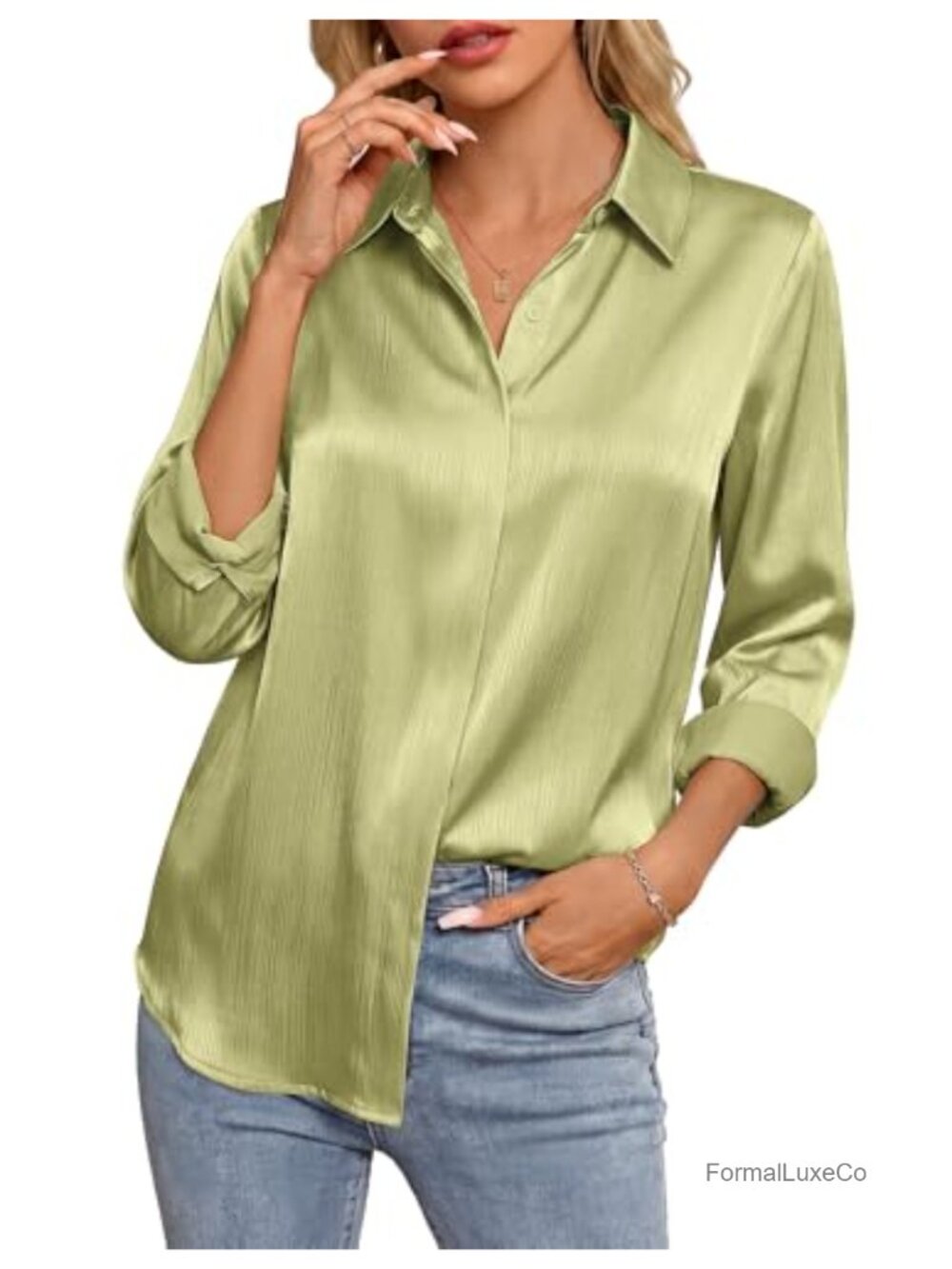 Silky Satin Button Down Shirt Long Sleeve Work Blouse Slim Fit
